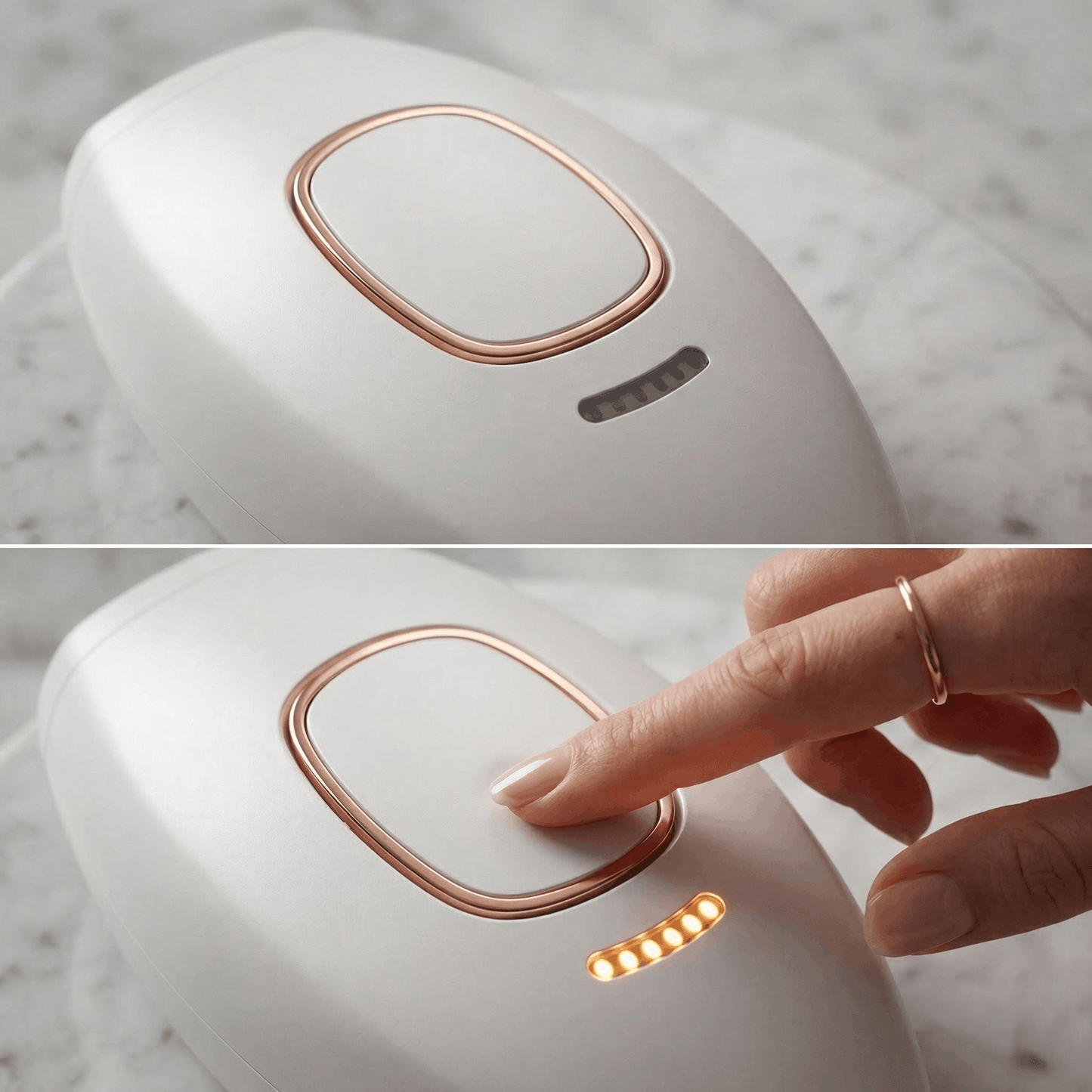 Diptychon-Visualisierung des Interaktions-Loops. Links: Die gepflegte Hand mit Goldring über dem Gerät (Ruhezustand). Rechts: Die Hand drückt den Knopf (Aktive LED-Anzeige). Schmerzfreie IPL Haarentfernung.