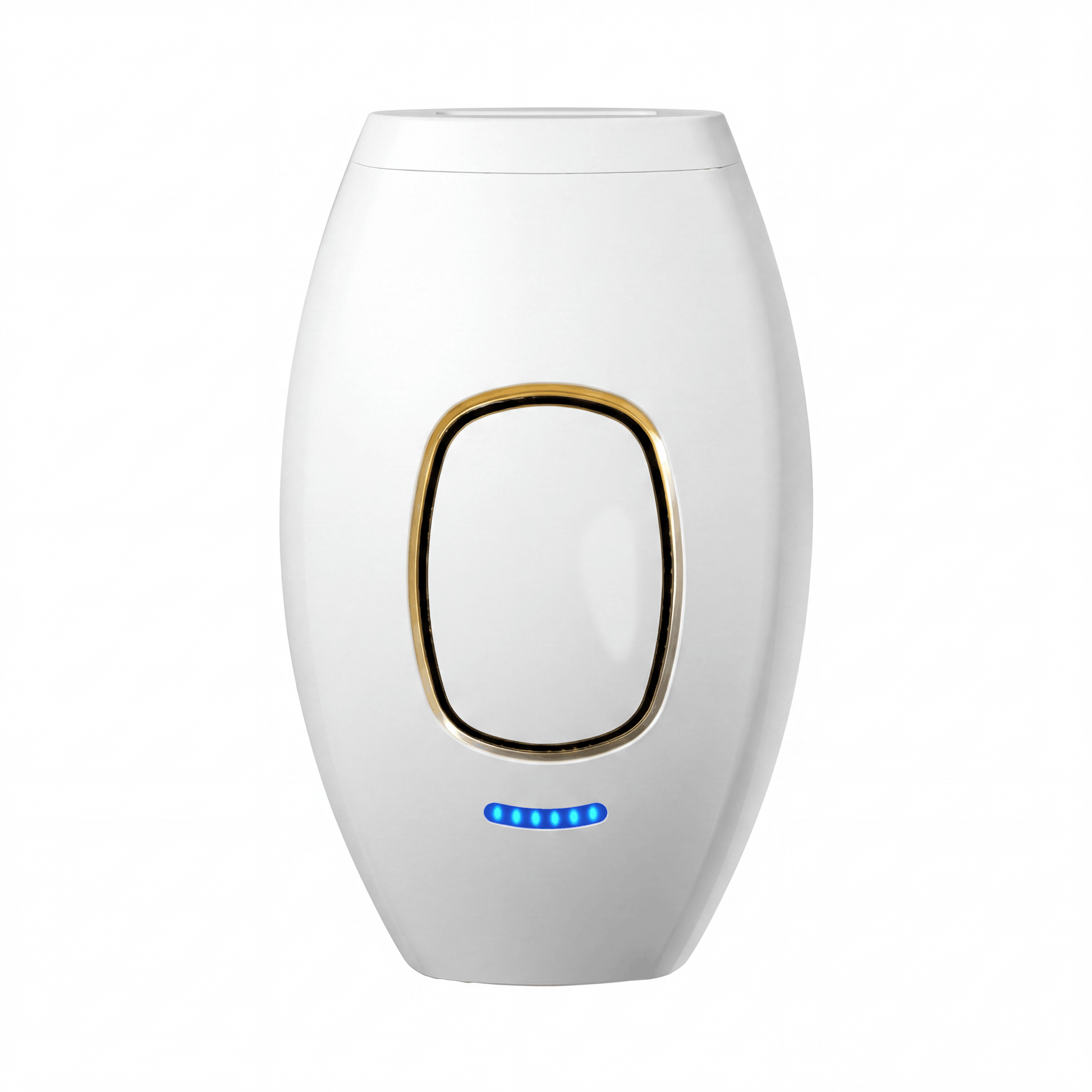 Modernes SwissBella VelvetSkin™ Elite IPL-Gerät in Mattweiss mit roségoldenen Details, isoliert auf reinweissem Hintergrund für Google Shopping. Dauerhafte Haarentfernung.