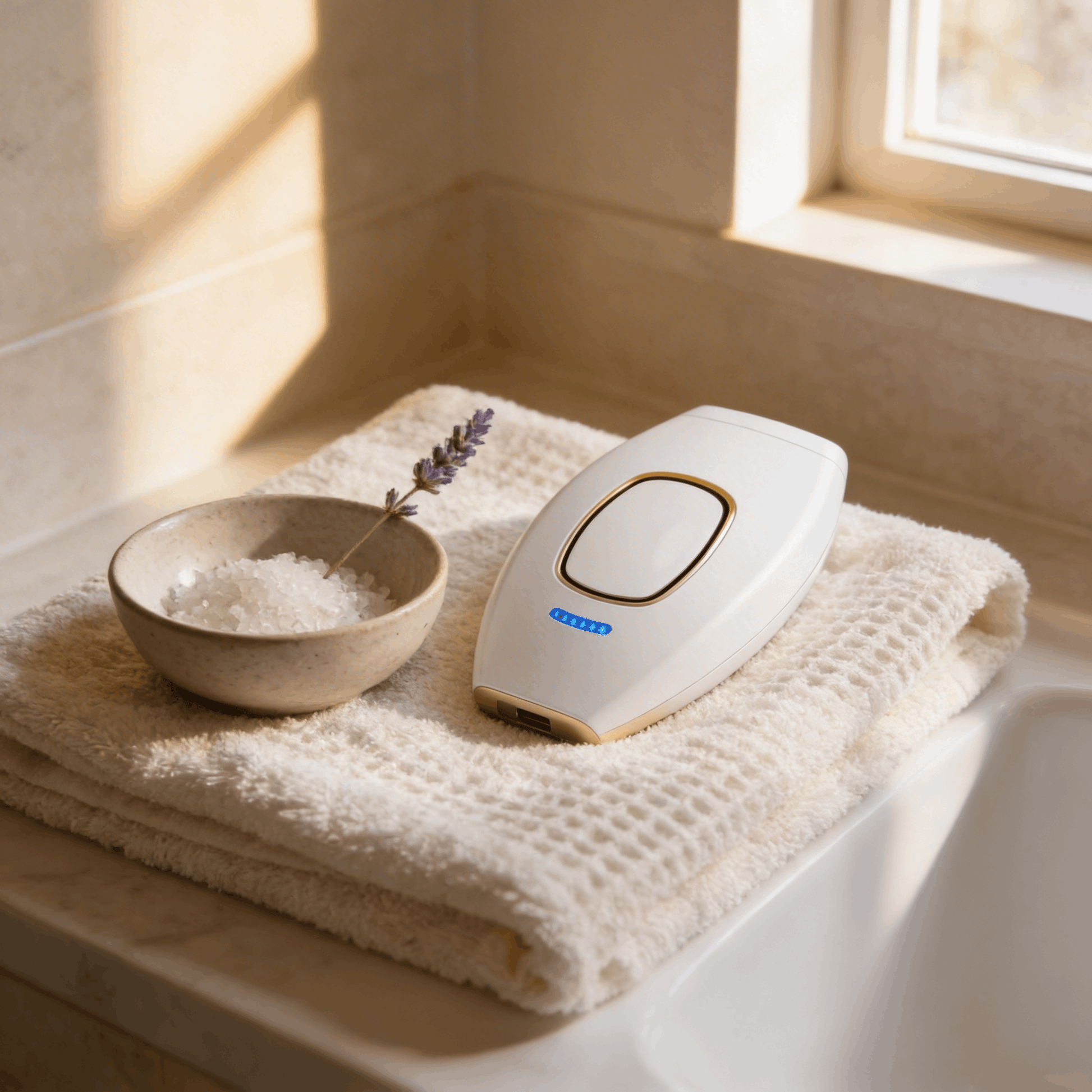 Das weisse SwissBella VelvetSkin™ Elite IPL-Gerät ruht auf einem Waffelpique-Handtuch aus Bio-Baumwolle im Marmor-Badezimmer. Privates Self-Care-Ritual.